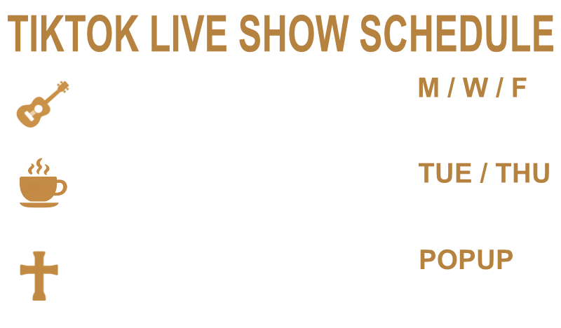 TikTok Live Show Schedule: Acoustic Country Monday, Wednesday, and Friday at 5:00 PM CT; Coffee & Country Tuesday and Thursday at 8:00 AM CT; Sunday Mornin’ Comin’ Down at pop-up times.